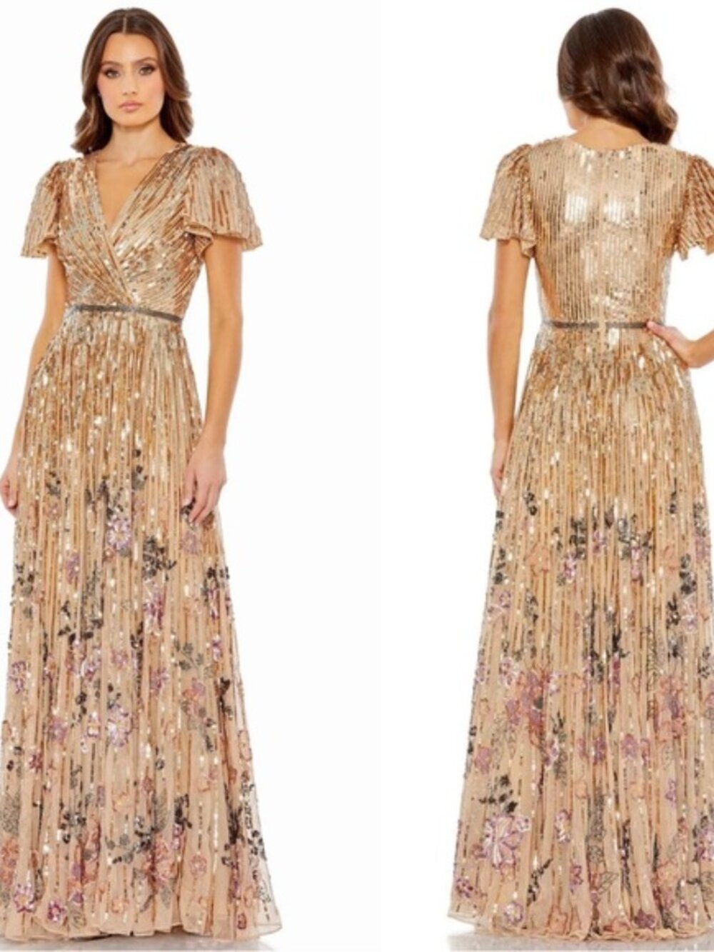 Mac Duggal Copper Flounce Sleeve Floral Embellished V-Neck Gown